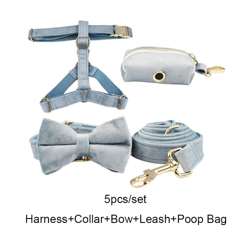 The Nordic Blue Velvet Dog Collar And Leash Set