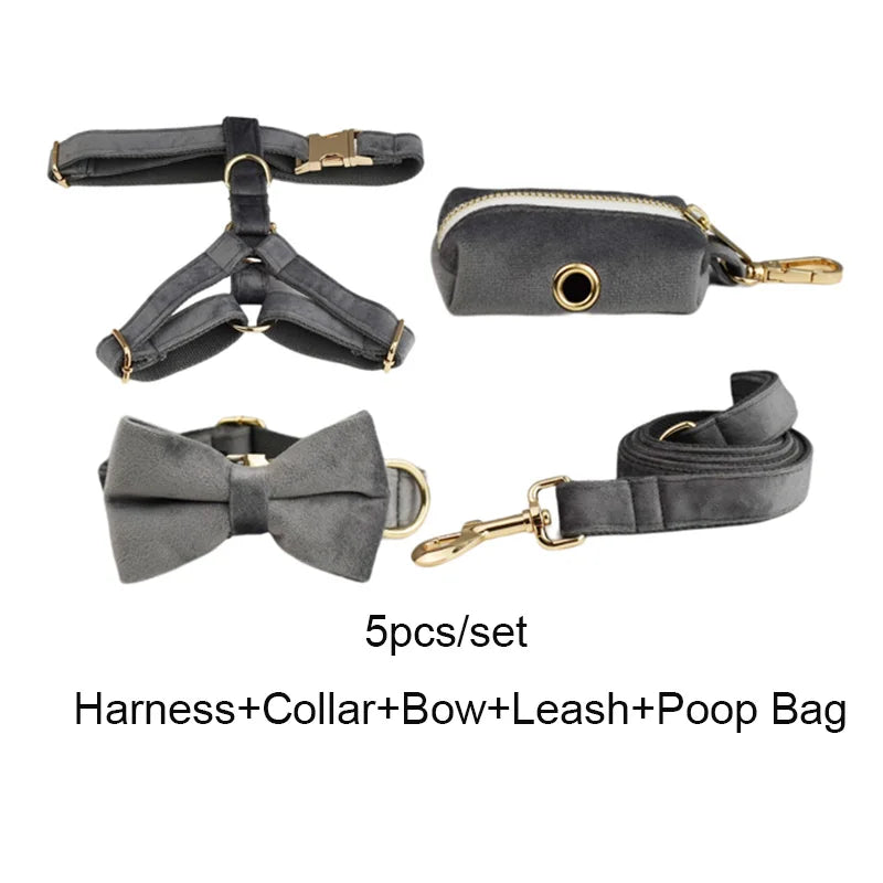 Dark Grey Velvet Dog Collar And Leash Set