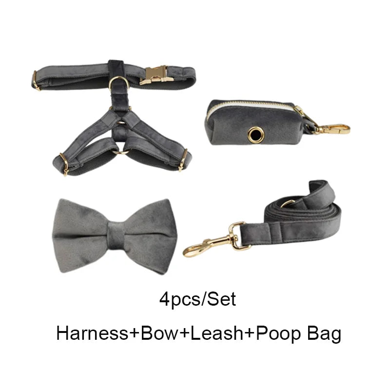 Dark Grey Velvet Dog Collar And Leash Set